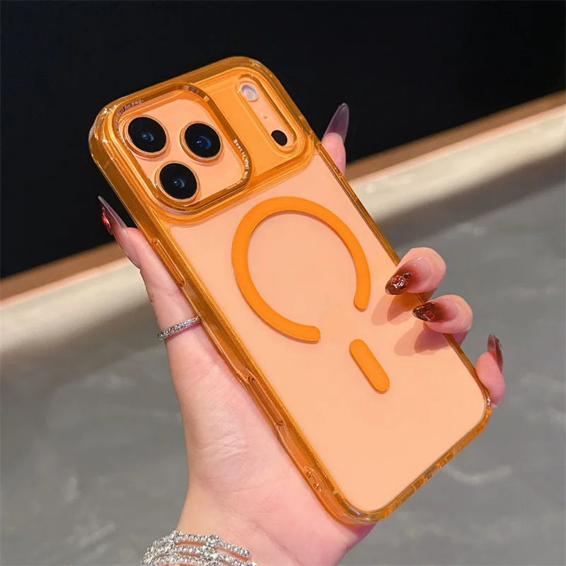 Acrylic Transparent Hybrid Metal Camera Frame Magnetic Mobile Back Cover for iphone 17 16 15 14 Pro Max Plus case New Orange