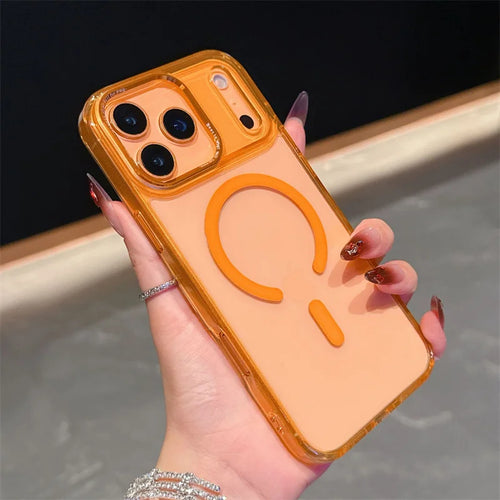Acrylic Transparent Hybrid Metal Camera Frame Magnetic Mobile Back Cover for iphone 17 16 15 14 Pro Max Plus case New Orange