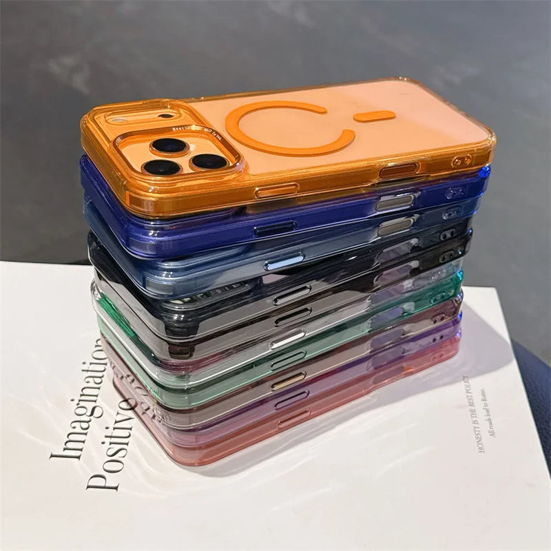 Acrylic Transparent Hybrid Metal Camera Frame Magnetic Mobile Back Cover for iphone 17 16 15 14 Pro Max Plus case New Orange