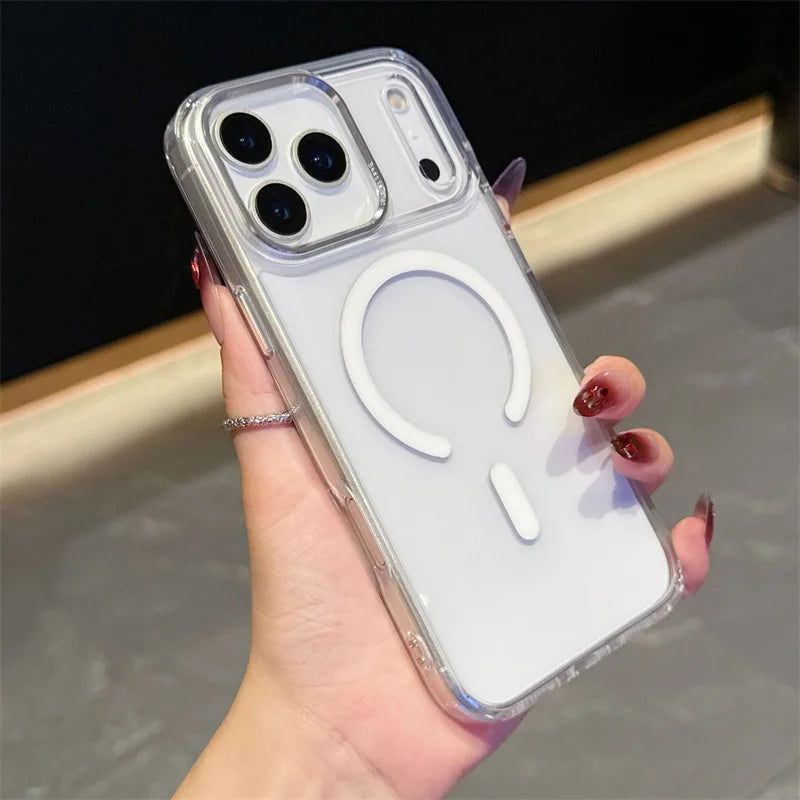 Acrylic Transparent Hybrid Metal Camera Frame Magnetic Mobile Back Cover for iphone 17 16 15 14 Pro Max Plus case New Orange