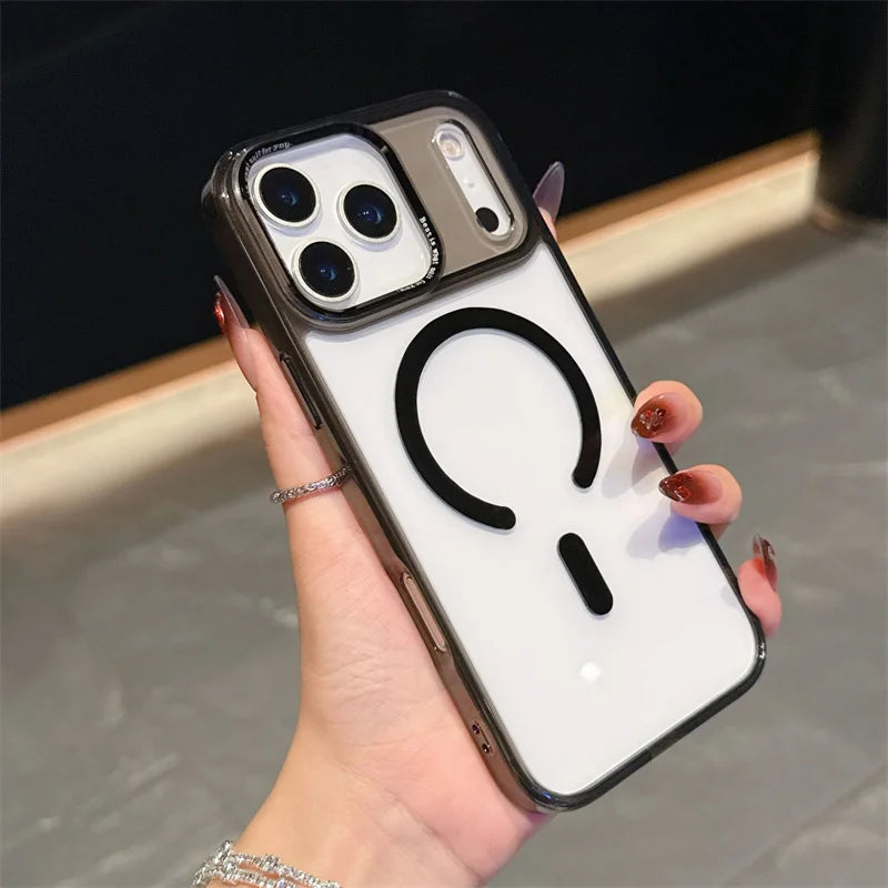 Acrylic Transparent Hybrid Metal Camera Frame Magnetic Mobile Back Cover for iphone 17 16 15 14 Pro Max Plus case New Orange
