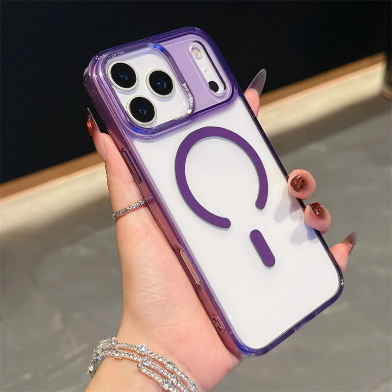 Acrylic Transparent Hybrid Metal Camera Frame Magnetic Mobile Back Cover for iphone 17 16 15 14 Pro Max Plus case New Orange