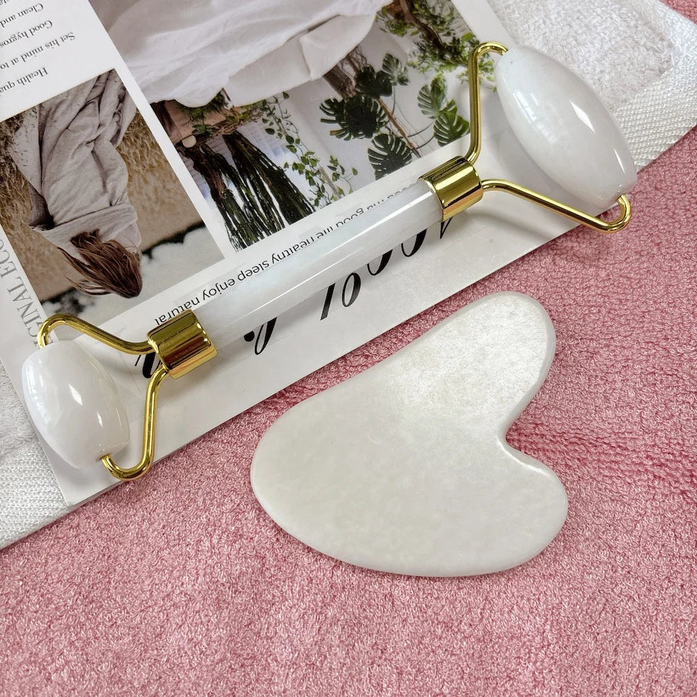 Natural White Jade Face Massage Stone, Cosmetics Tools, Facial Jade Roller and Gua Sha Kit, Skin Care Tools