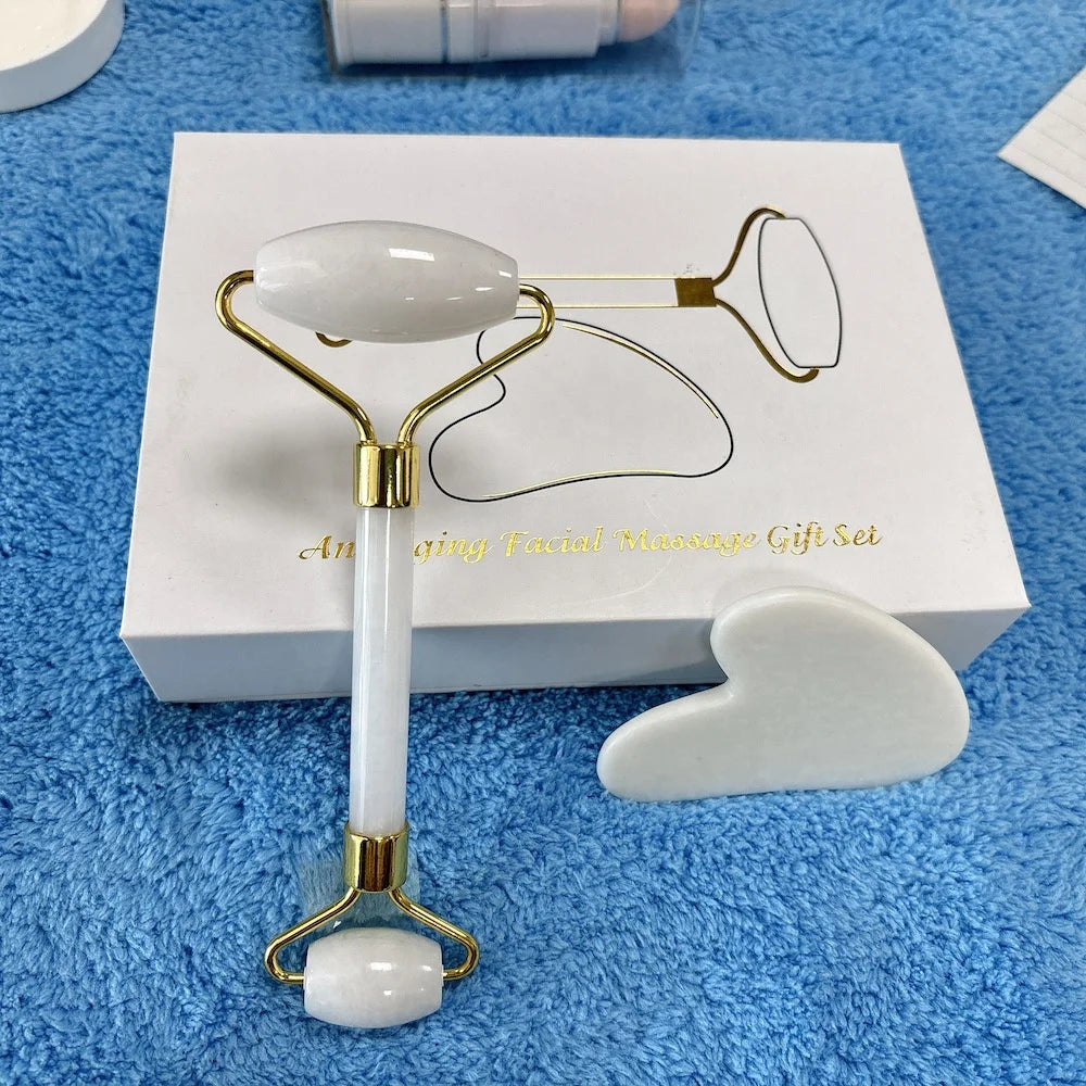 Natural White Jade Face Massage Stone, Cosmetics Tools, Facial Jade Roller and Gua Sha Kit, Skin Care Tools