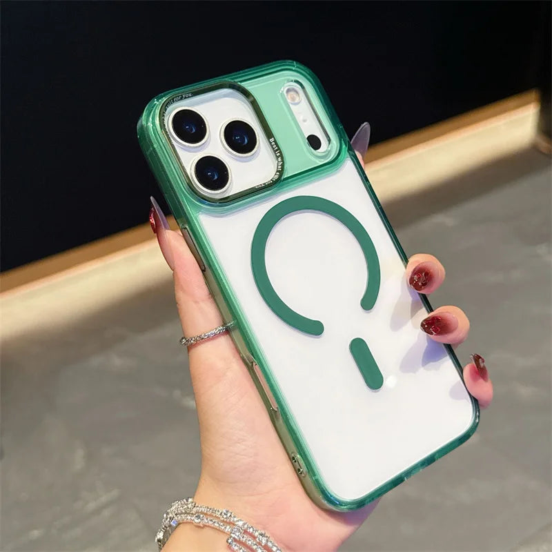Acrylic Transparent Hybrid Metal Camera Frame Magnetic Mobile Back Cover for iphone 17 16 15 14 Pro Max Plus case New Orange