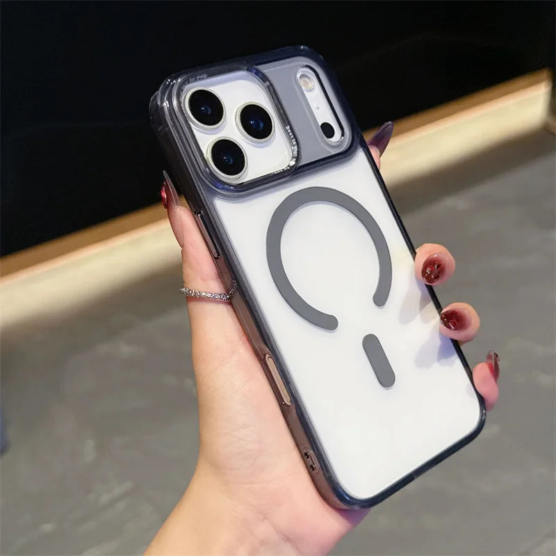 Acrylic Transparent Hybrid Metal Camera Frame Magnetic Mobile Back Cover for iphone 17 16 15 14 Pro Max Plus case New Orange