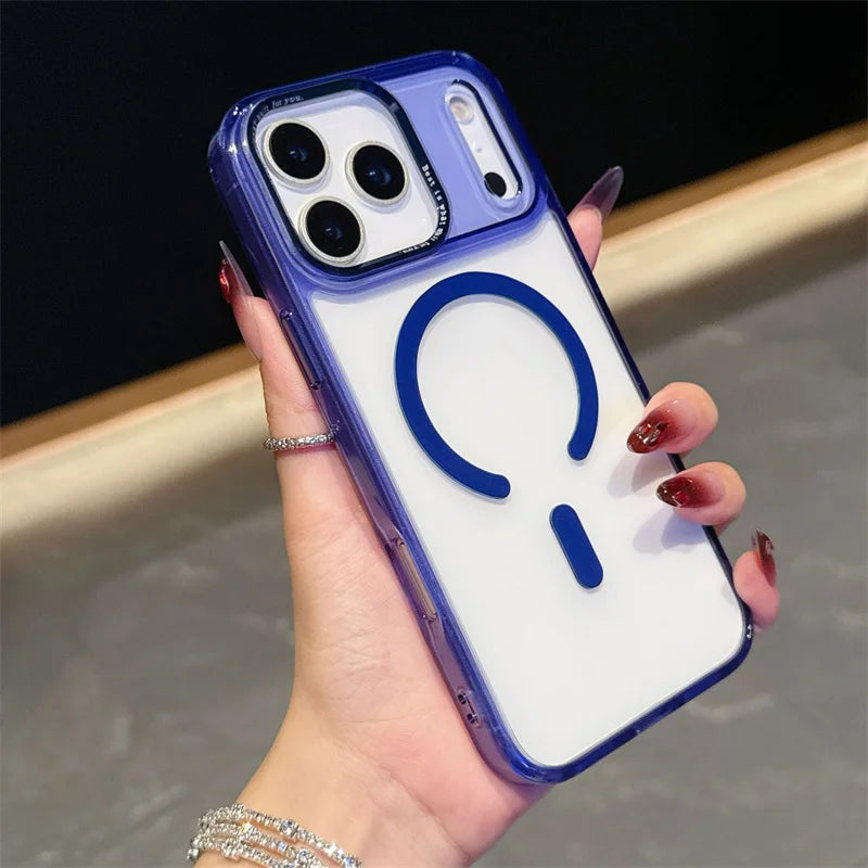 Acrylic Transparent Hybrid Metal Camera Frame Magnetic Mobile Back Cover for iphone 17 16 15 14 Pro Max Plus case New Orange