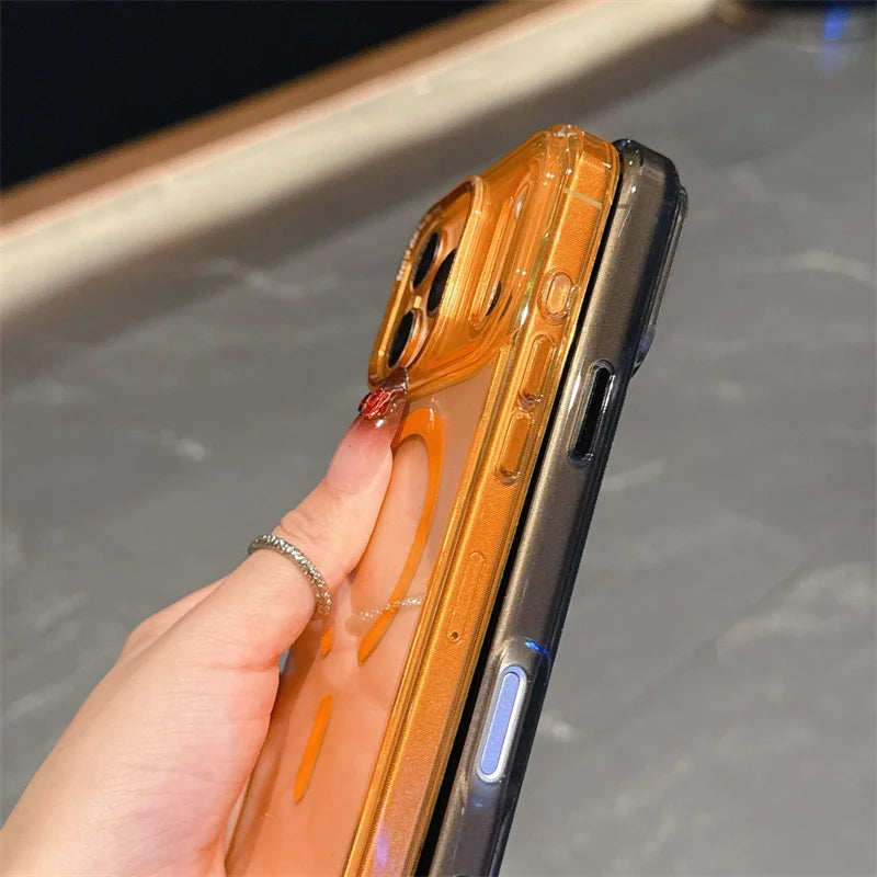 Acrylic Transparent Hybrid Metal Camera Frame Magnetic Mobile Back Cover for iphone 17 16 15 14 Pro Max Plus case New Orange