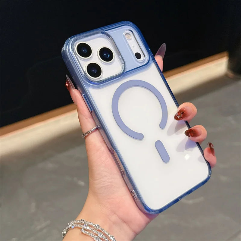 Acrylic Transparent Hybrid Metal Camera Frame Magnetic Mobile Back Cover for iphone 17 16 15 14 Pro Max Plus case New Orange