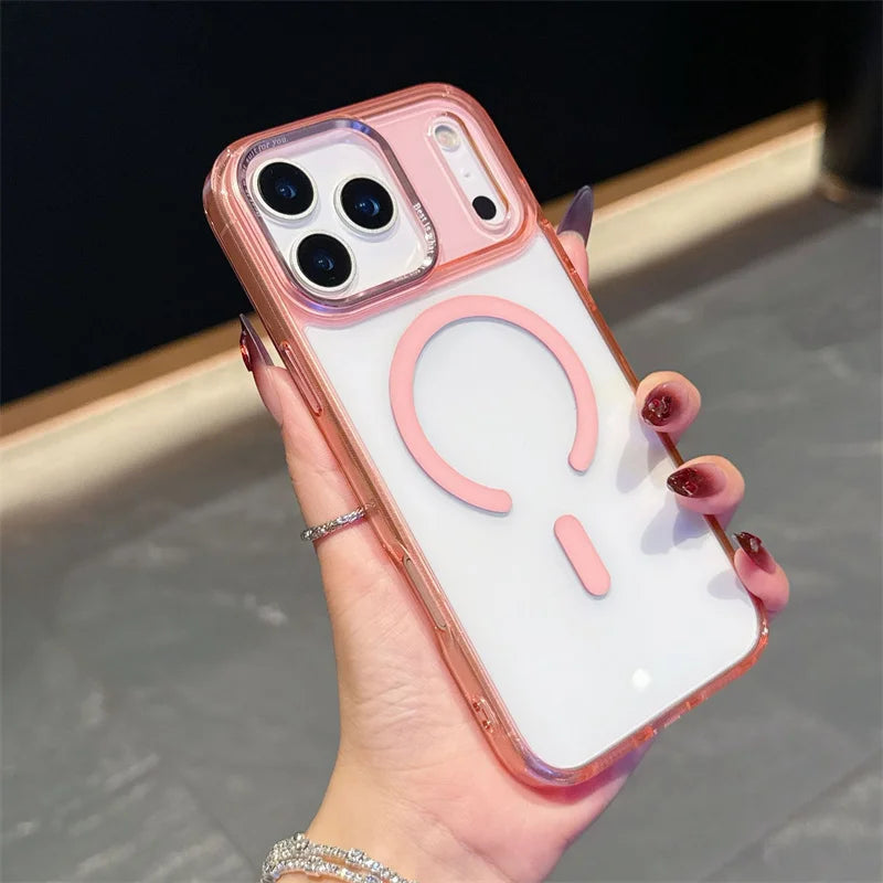 Acrylic Transparent Hybrid Metal Camera Frame Magnetic Mobile Back Cover for iphone 17 16 15 14 Pro Max Plus case New Orange