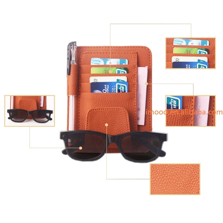 Factory Price Leather Auto Visor Storage Bag Car Sunvisor Card Bags Glasses Bill Pen Holder Stowing Tidying Car Organizer