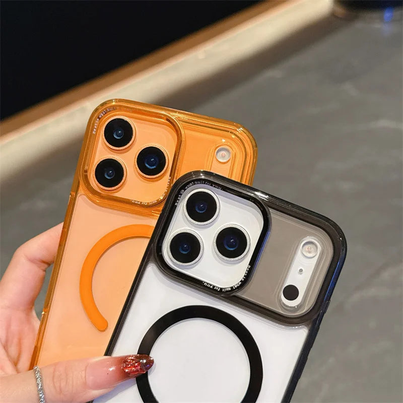 Acrylic Transparent Hybrid Metal Camera Frame Magnetic Mobile Back Cover for iphone 17 16 15 14 Pro Max Plus case New Orange