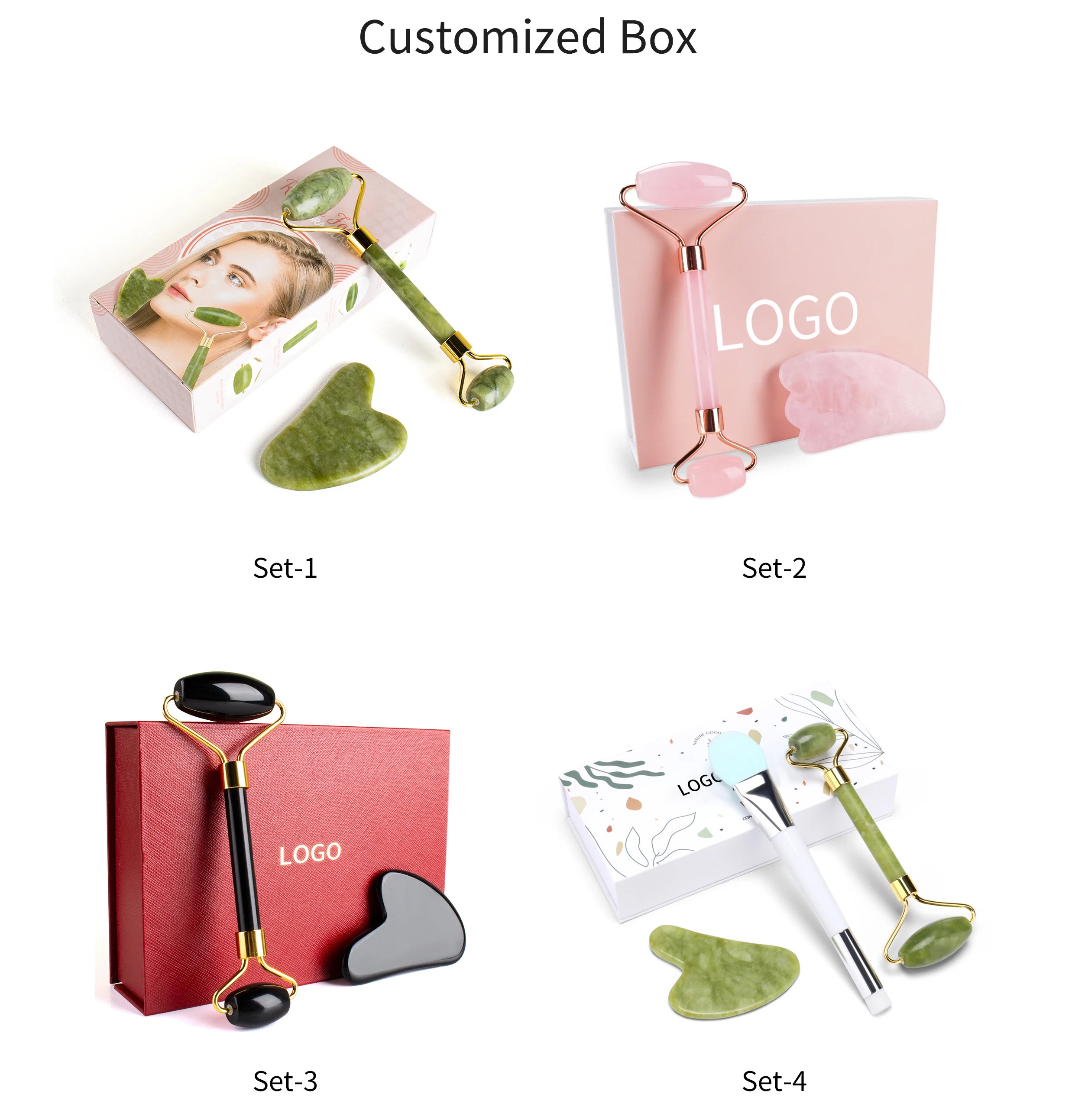 Facial Gua Sha Set, Anti-Aging, Natural Stone, Pink Green Jade, and Amethyst Face Massage Roller for Head Body, Quartz Tools