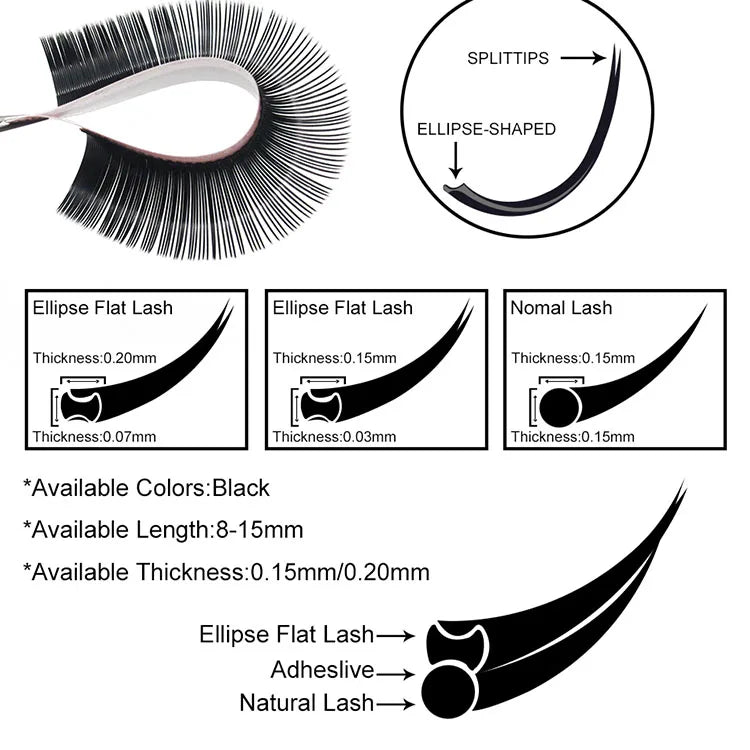 Premium Quality All Size Cashmere  Split Tip Flat Lashes 0.1 0.15 0.20 Soft Eyelash Flat Eyelash
