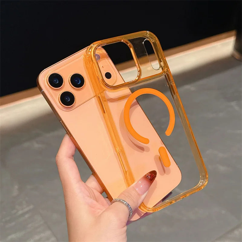 Acrylic Transparent Hybrid Metal Camera Frame Magnetic Mobile Back Cover for iphone 17 16 15 14 Pro Max Plus case New Orange