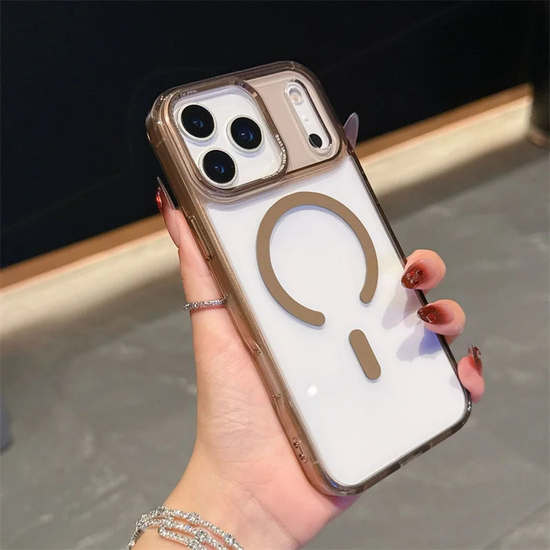 Acrylic Transparent Hybrid Metal Camera Frame Magnetic Mobile Back Cover for iphone 17 16 15 14 Pro Max Plus case New Orange